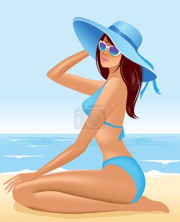 Beautiful girl sitting in hat on sea beach