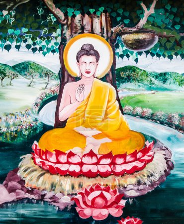 Thai painting art about buddha status on wall of the temple. Thi