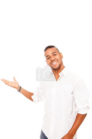 Afro american man is presenting on white background