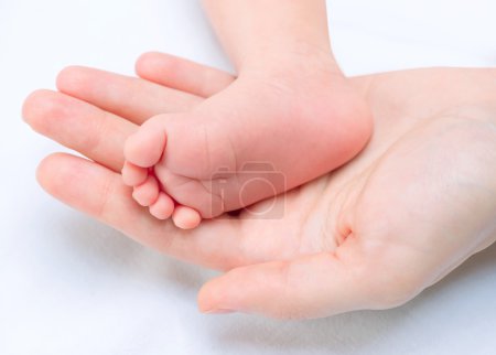 Baby Feet in Mother Hands. Newborn Baby and Mom