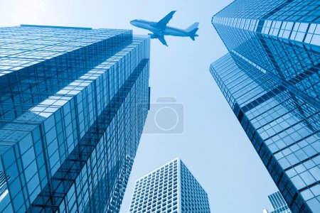 Airplane with modern building