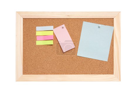 Corkboard with empty blue pink and yellow notes