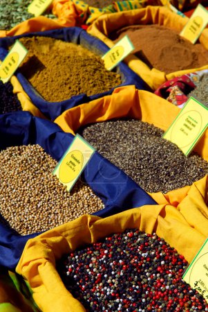 Assorted spices for sale on french farmers market in Perigueux, France