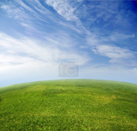 Green grass, blue sky in fish-eye lens