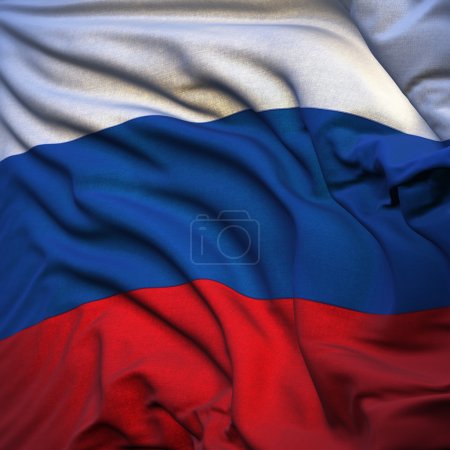 Russian flag, fluttering in the breeze, backlit rising sun. Sewn from pieces of cloth, a very realistic detailed state flag with the texture of fabric flutterin