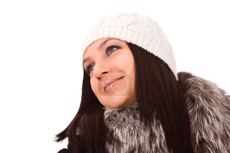 Photo of female with winter clothes on white isolated background