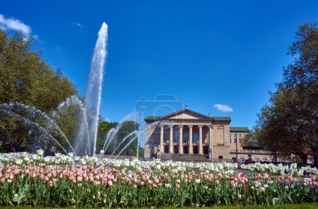 Tulips and fountain in front of the building of the Opera House 