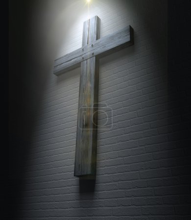 Crucifix On A Wall Under Spotlight