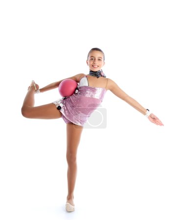 Kid girl ball rhythmic gymnastics exercise on white