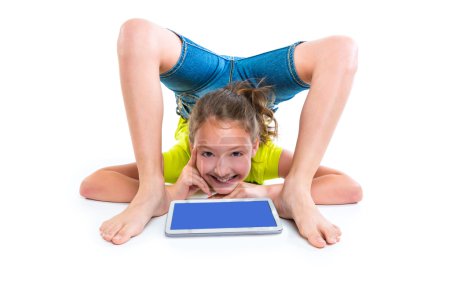 contortionist kid girl thinking gesture with tablet pc