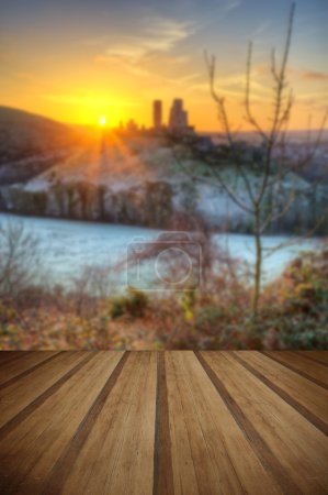 Castle in landscape Winter sunrise with wooden planks floor