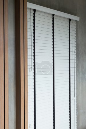 white blinds on window, design interior of bedroom
