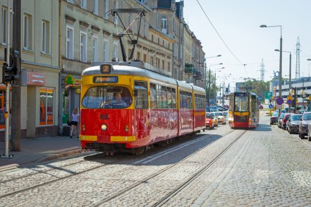 Old tram on the street of Grudziadz, Poland