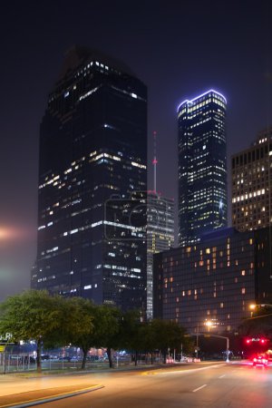 Blue night city lights and buildings in Houston