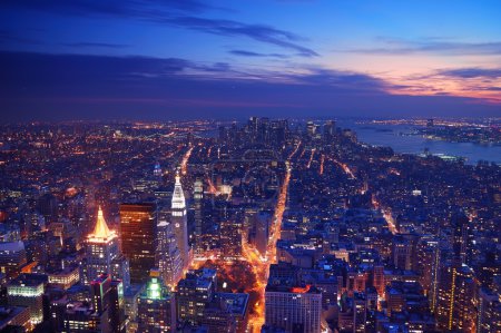 New York City Manhattan skyline aerial view panorama at sunset