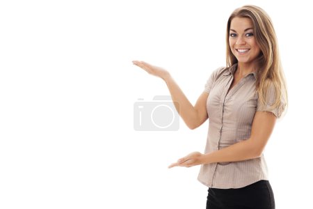 Successful businesswoman gesturing on white