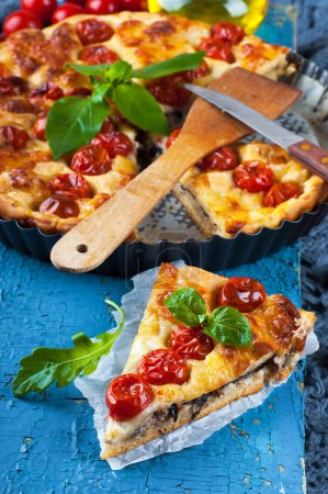 Pie with mozzarella, chicken and tomatoes