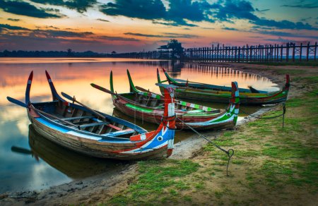 Colorful old boats on a lake in Myanmar