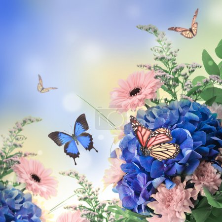 Bouquet from blue hydrangeas and butterfly