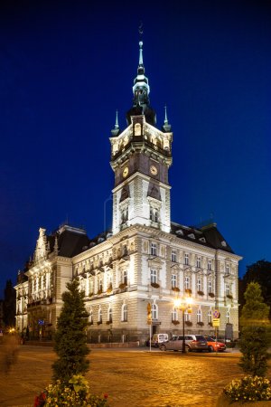 Bielsko-Biala, Poland - August 14 Night view of the Neo-Renaissance town hall