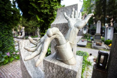Stony sculpture hands on Vlasta Burian grave in Vysehrad cemetery in Prague Vlasta Burian Josef Vlastimil born in 1891, died in 1962 Nicknamed the King of Comedians