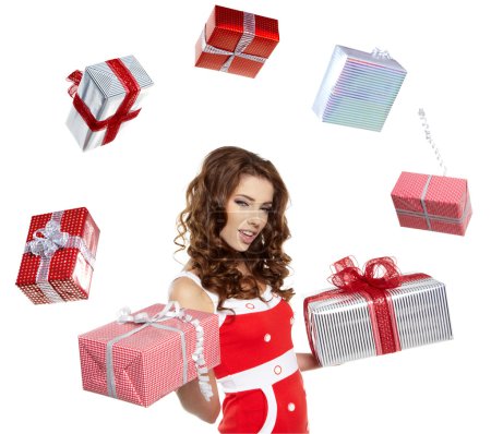 Attractive woman with many gift boxes and bags.