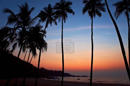 Empty beach, boat in the sea, waves and sunset in Goa in India