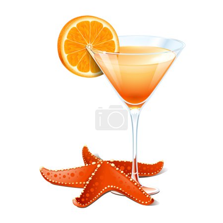 Orange cocktail in a glass and a starfish isolated on a white background. Raster copy of vector file