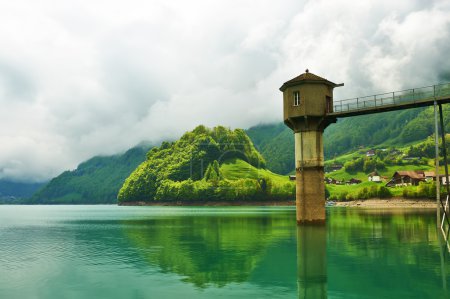 Beautiful emerald mountain lake in Switzerland