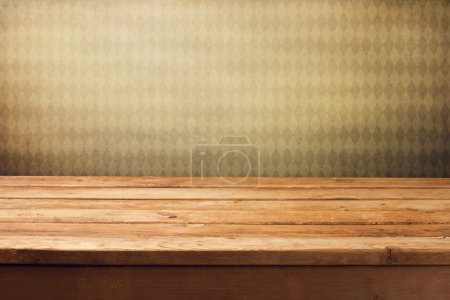 Background with wooden deck table and vintage retro wallpaper