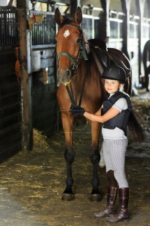 Horse and lovely equestrian girl in the stable