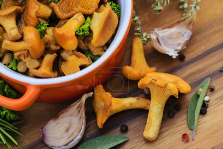 Chanterelle mushrooms cooked in a pan