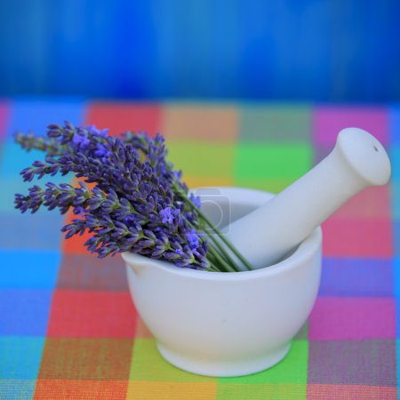 Lavender herbs in a mortar