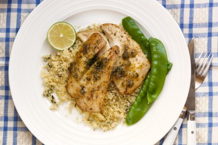 Fish with Cous Cous and Snow Peas