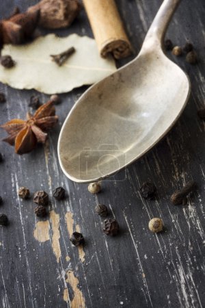 Spices and Old Spoon on Timber