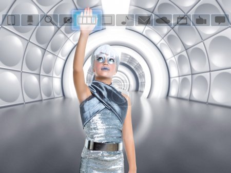 futuristic kid girl in silver touching finger icons