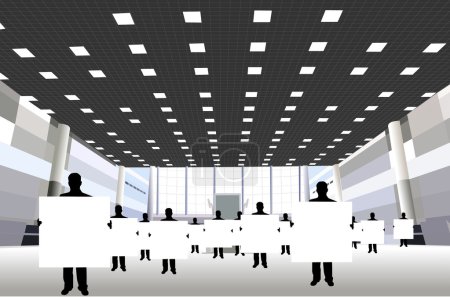 Businessmen with board for text silhouette in business center vector