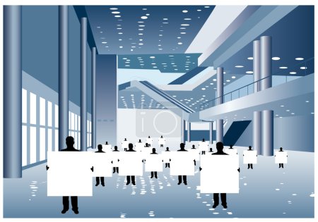 Businessmen with board for text silhouette in business center vector