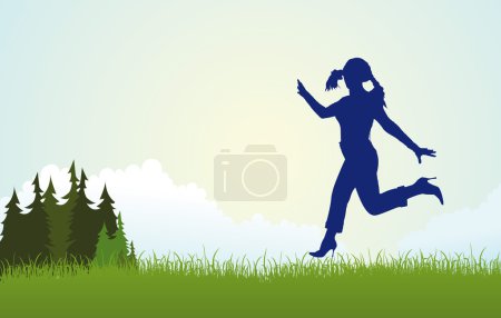 Beautiful woman full body silhouette running on meadow vector