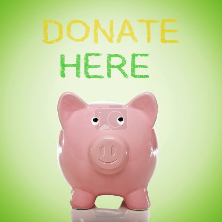 Piggy bank with donate here text