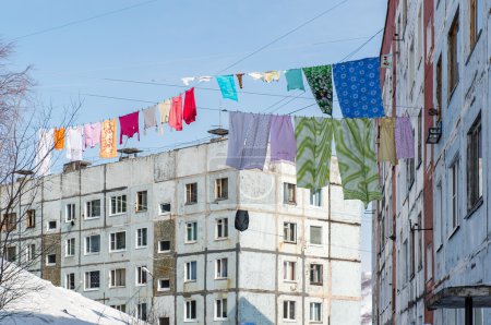 Clothes drying outdoor. Petropavlovsk-Kamchatsky. Far East, Russia