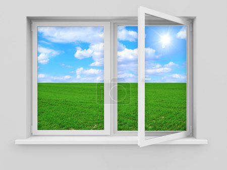 Opened Window with Beautiful Landscape Behind