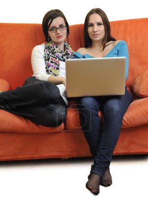 Female friends working on laptop computer