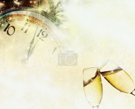 Vintage background with champagne glasses and clock