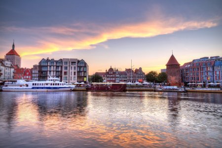 Old town of Gdansk at Motlawa river at sunset