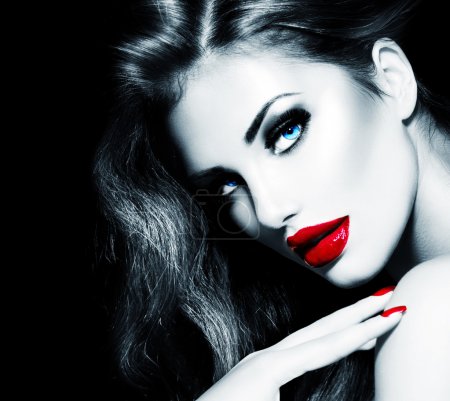 Sexy Beauty Girl with Red Lips and Nails. Provocative Makeup