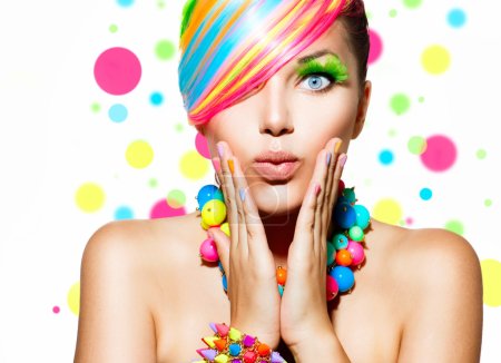 Beauty Girl Portrait with Colorful Makeup, Hair and Accessories