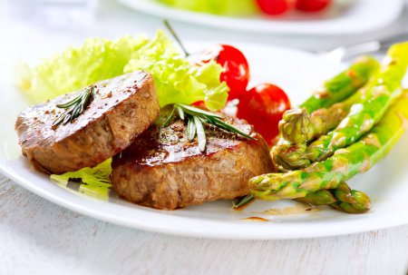 Grilled Beef Steak Meat with Asparagus and Cherry Tomato