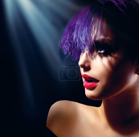 Fashion Art Girl Portrait With Violet Hair. Hairstyle