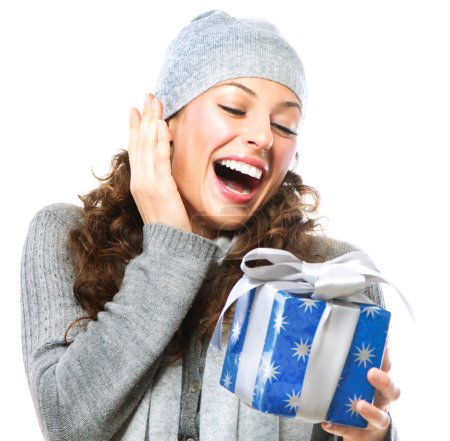 Happy Young Woman With Christmas Gift Box